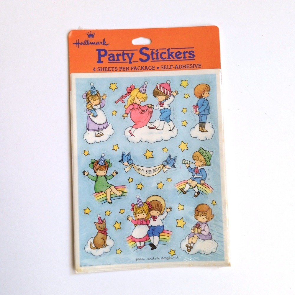 NIP Vtg 80s Hallmark Joan Walsh Anglund Rainbow Cat Birthday Party Stickers Seal